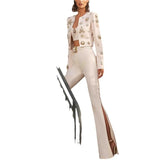 New Fashion Round Neck Heavy Industry Nail Beads Short Jacket Open Fork Horn Trousers