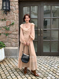 Xixi 13 Lines 2025 Autumn White Standard Temperament Lotus Leaf Side Sky Silk High Waist Long-Sleeved Dress Women
