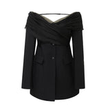 Spring And Autumn New Fashion Sexy One-Word Shoulder Mesh Splicing Design Sense Long Sleeve Small Suit