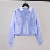 And Autumn Fashion Small Fresh Light Blue Short Shirt Women's Double Pocket Loose Long-Sleeved