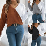 Shooting 2025 Autumn And Winter Casual V-Neck Button Bump Color Lantern Sleeve