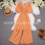 Zingj Summer Women's Wear 2023 New Temperament Wave Point V Neck Show High Waist Casual Wide Leg Jumpsuit