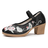 Zingj Heel Square With Women's Shoes A Word Buckle Shallow Spring And Summer New Embroidered Cloth Shoes With Horse Face Skirt High Heel Embroidered