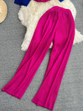 Vintage Women Draped Two Piece Set Blue/Red/Yellow Patchwork O-Neck Short Tops + High Waist Pleated Pant Suits Female