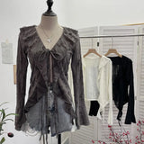 Wind To Make Old Hole Horn Long Sleeve Open Shirt Tie With Lotus Leaf Side V Collar Sunscreen Shirt