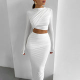 Women's Clothing 2025 Autumn And Winter 2025 New Round-Neck Long Sleeves Open-Umbilly Top Dress Two-Piece