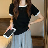 Zingj Female 2024 New Summer Design Sense Contrast Color T-Shirt Fashion Chic Irregular Short Student
