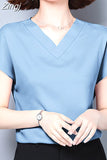 Lady Solid V-neck Blouse Women Summer 2023 Short Sleeve Casual Silk Satin Shirts Casual M-4XL Loose Tops Clothes