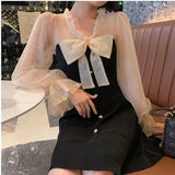Elegant Mini Party Dress for Women Casual Lace Long Sleeve Dresses Bow Sexy One Piece Dress Korean Black Autumn 2023