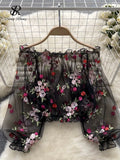 Mesh Embroidery Sheer Blouse Fashion Slash Neck Loose Puff Sleeve Tops Short Smock Streetwear Lace Y2K Summer Blouses 211-1-Outfit