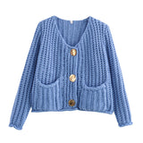 Women's Solid Color Single Buckle Double Pocket Short Thick Knit Shirt Coat Top