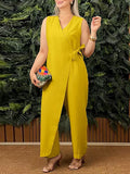 Summer New Women's Pure Color Loose Casual Strap Cotton Linen Jumpsuit V