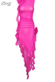 Flower Ruffled Tulle See Through Mesh Dress Women Black O Neck Sleeveless Tie Folwer Asymmetrical Evening Party Beach