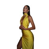 Zingj Summer Women's Sexy V Neck Hanging Back Dress Temperament Slit Dress
