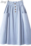Women Summer Skirt Spring Korean Style Casual Solid High Waist A-Line Midi Skirts With Pocket Girls Elegant