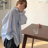 Women Chic Lazy Striped Butterfly-sleeve Turn-down Collar Preppy Style Ulzzang Female Clothing Buttons 3-colors