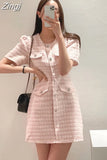 Round Neck Single Breasted Bubble Sleeve High Waist Mini Dress Summer Women Grace Korean Ladies Dresses Womens Mini