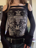 Retro Wing Prints Long Sleeves Fill In The Women's 2025 Street Personality Out-Shoulder New Top