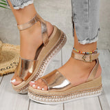 And Summer New Large-Size Hollow Fish Mouth Heel Sandals Women's Pine Cake Silver Bright Buckle Flat Women's
