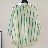 2025 Spring And Autumn New Korean Version Of Small Fresh Cardigan Striped Print Single Pocket Loose Long-Sleeved Shirt