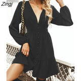 PETAL Plunge Button-Loop Mini Dress For Women Solid Black Sexy Long Sleeve Party Dress 2023 Autumn Winter Female