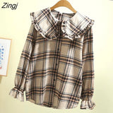 Sweet Plaid Shirt Women Kawaii Peter Pan Collar Lolita Blouse Japanese Preppy Style Puff Sleeve Top Blusas Mujer De