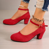 Single-Shoe Women 2025 Spring New High-Heeled Korean Version Of The Round Head Velvet Buckle Coarse Fashion And Shallow Women's