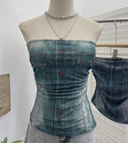 Shooting Denimed Tie-Dye Printing Mesh Yarn Tectar Tset With Chest Cushion Anti-Slip Vest Short Top