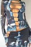 Spring Autumn O-Neck Hollow Out Shirt Long Sleeve Print Tops Sexy Navel-exposed Fashion Casual Clothes Women Blusas