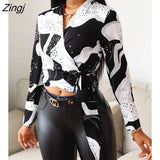 Women Casual Spring Autumn Fashion Elegant Star Print Tie Front Wrap Top V Neck Long Sleeve Colorblock