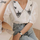 Embroidery Women Blouse Summer Sweet Peter Pan Collar Shirt Female Elegant Design Button Up Puff Short Sleeve Crop
