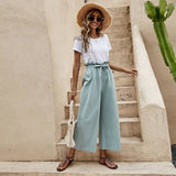 New Women's Summer Loose Waist Solid Cotton Belt Broad Leg Pants Loose Nine-Point Trousers