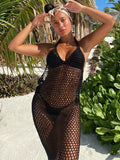 Women's Sexy Cover Ups Casual See Through Hollow Out Sleeveless Bikini Swimsuit Swimwear Side Split Beach