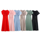 New Silk Hyssin V-Neck Fan Flute Dress