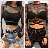Women's Fashion Sexy Grid Perspective Women's Top Long-Sleeved Tight-D-Up T-Shirt