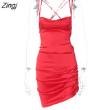 Satin Bodycon Backless Dress Women Solid Spaghetti Strap Dress Women Spring Casual Hollow Out Skinny Evening