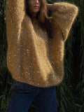 Zingj Sequins Ma Hair Sweater 2023 New Loose Round Collar Lantern Sleeve Sweater-Outfit