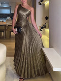 Women's Sexy Radiant Folded Oblique Shoulder Dress Sleeveless One-Shoulder Dress Women