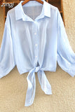 2023 Summer Half Sleeve Buttoned Up Shirt Loose Casual Blouse Chiffon Shirts Women Tied Waist Elegant Blouses for