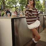 Autumn New Women's College Style Bumpy Horizontal Striped POLO Shirt Long-Sleeved T-Shirt