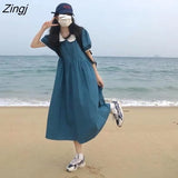 Women Kawaii Summer Preppy Style Short Puff Sleeve Student Ulzzang Teen Girls Baggy Patchwork A-line Harajuku Vestidos