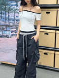 Babes Straight Broad Leg Pocket Spliced Striped Waist Trousers Tying With Trend Casual
