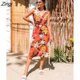 PETAL Orange Floral Tie Shoulder Midi Dress For Woman Sexy V-neck Backless Holiday Beach Dress 2023 Summer Female
