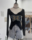 Shooting Pure Sexful V-Neck Umbilly T-Shirt Female Hairy Denim Butterfly Embroidered Mesh Yarn Long Sleeve Top