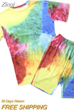 Women Tie Dye Sports Clothing Sets Lady Pullover Short Sleeve O Neck T Shirt Top + High Waist Knee Length