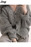 Quality Vintage Solid Cardigan Crop Women V-neck Single Breasted Casual Loose Thick Sweater Knitwear Elegant Winter