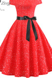 Short Sleeve Polka Dot Dress Women Elegant Work Office Casual Print A-Line Vintage Dress Big Swing Rockabilly