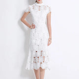 High-End Heavy Industry Hollow Water-Soluble Lace Collar Dress Female Summer Temperament Elegant Fishtail Dress