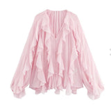 New Women's Fashion Cascade Decoration Fashion Chiffon V-Neck Long-Sleeved