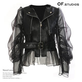 New Domineering Splicing Mesh Perspective Leather Locomotive Jacket Jacket Women